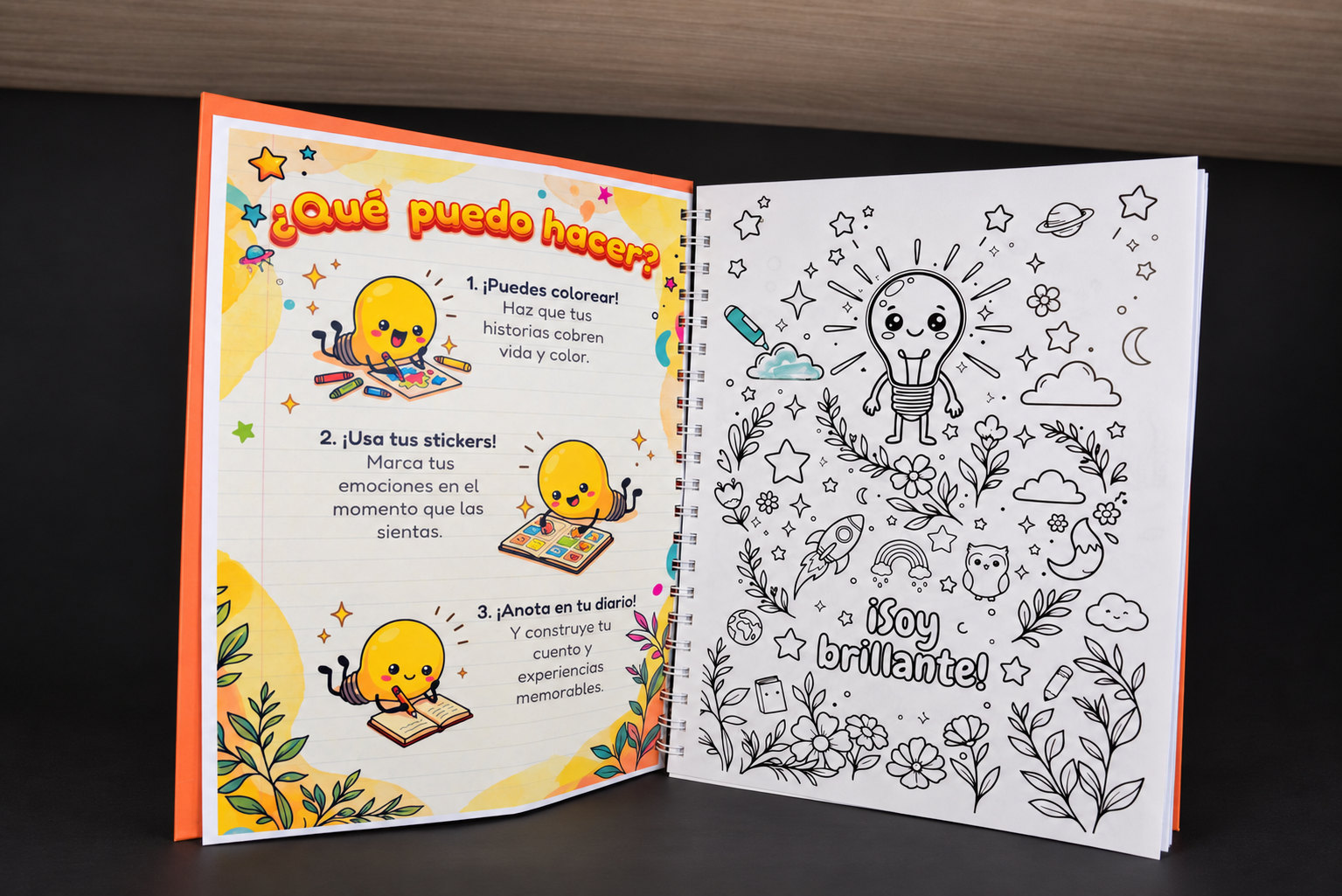 Agenda abierta: una página explica cómo colorear, usar stickers y escribir en el diario, y la otra es un dibujo para colorear